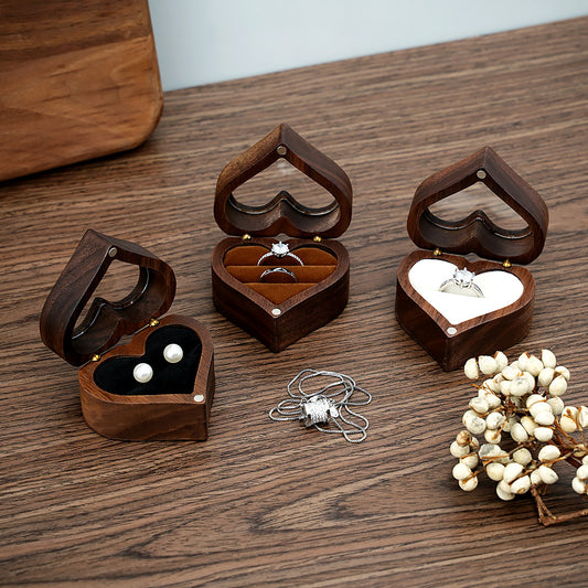 Heart Wooden Jewelry Ring Box W/ Window Cover