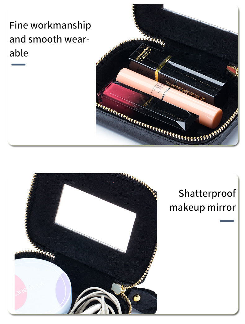 Full-grain Genuine Leather Zipper Makeup Bag Handle Bag Lipstick Storage Pouch W/Makeup Mirror