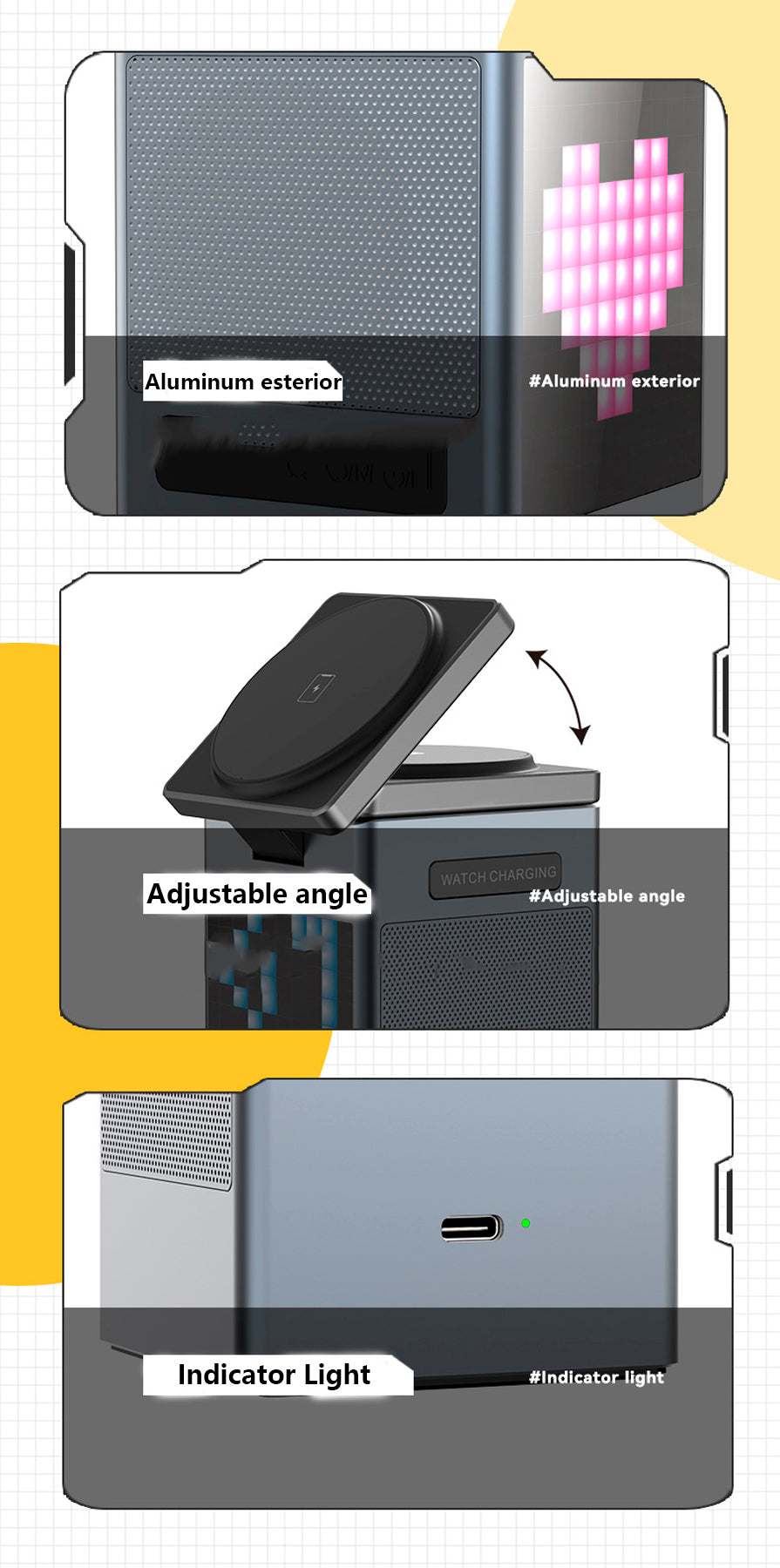 Magnetic 3" 1 Wireless Charging Station For Multiple Devices, Wireless Speaker, Clock Alarm