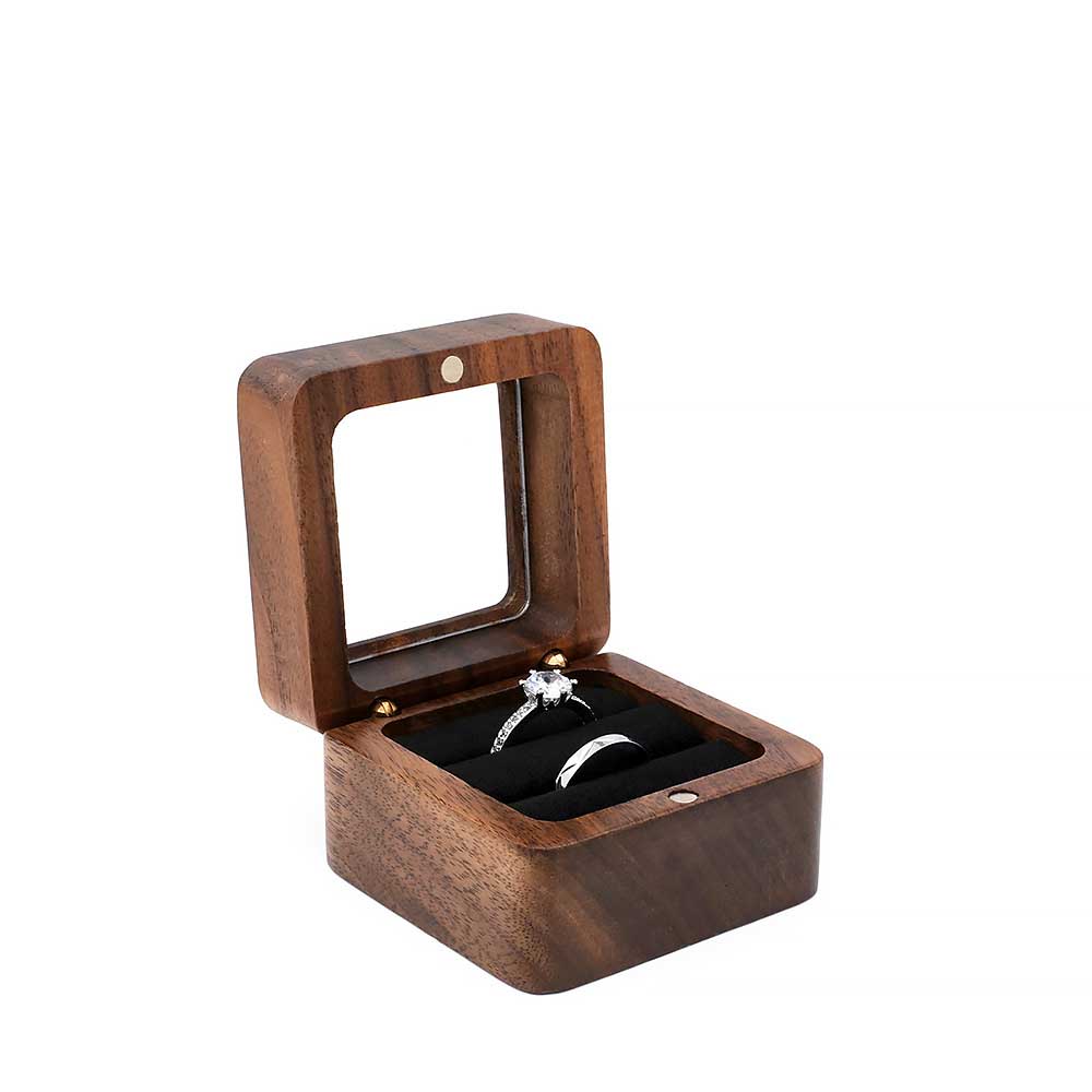 Rectangle Wooden Jewelry Ring Box W/ Window Cover