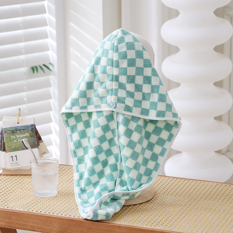Microfiber Checkerboard Plaid Hair Towel Warp Hair Shower Cap Quick Dry Hair Turban with Button
