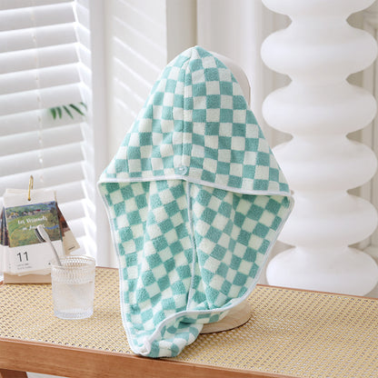 Microfiber Checkerboard Plaid Hair Towel Warp Hair Shower Cap Quick Dry Hair Turban with Button