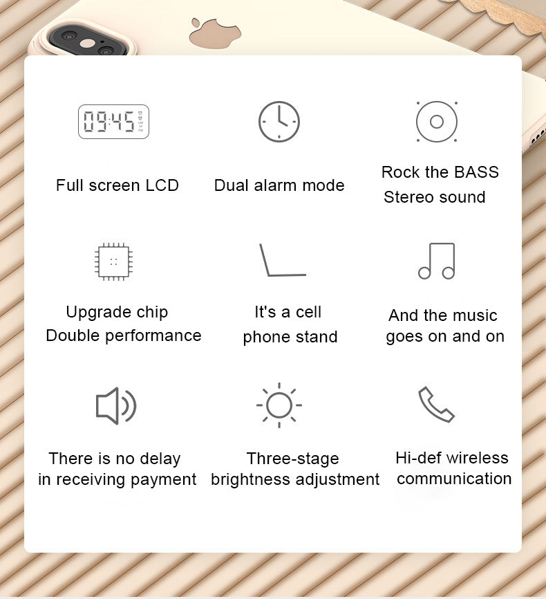 2000 mAh Digital LED Mirror Radio Alarm Clock Wireless Speaker W/Phone Bracket
