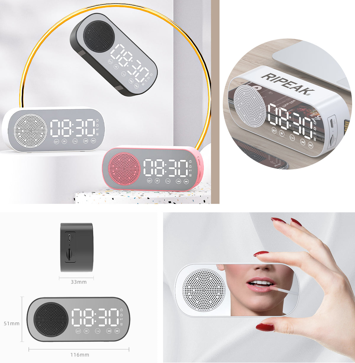 2000 mAh Digital LED Mirror Radio Alarm Clock Wireless Speaker