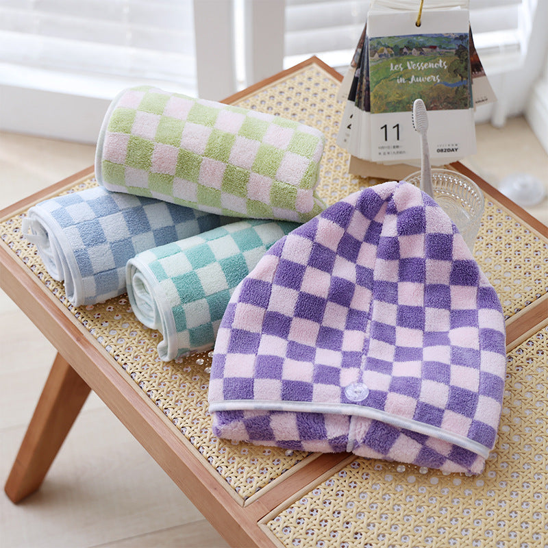 Microfiber Checkerboard Plaid Hair Towel Warp Hair Shower Cap Quick Dry Hair Turban with Button