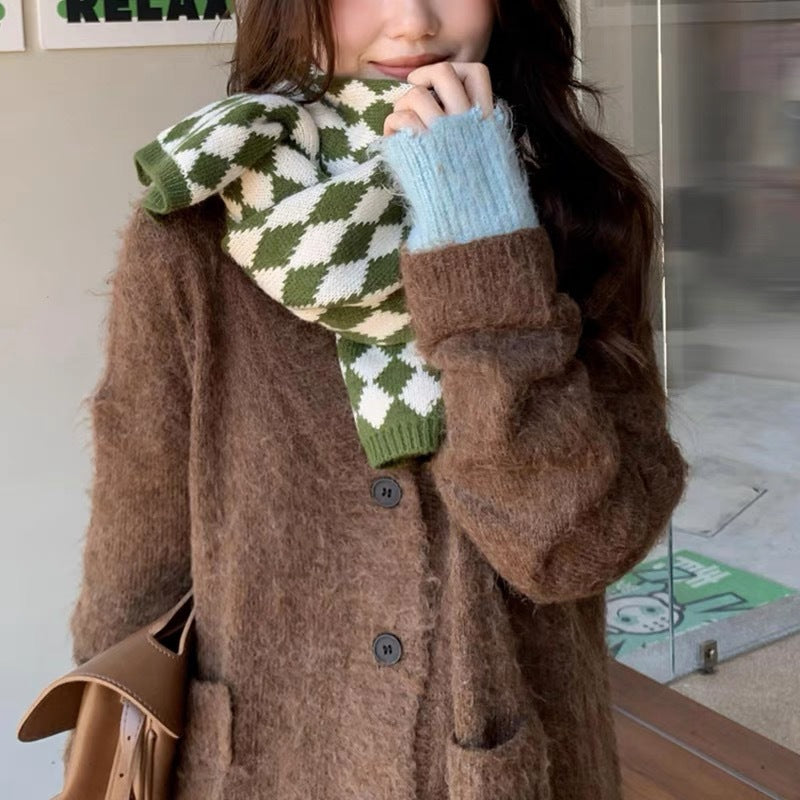 63" Polyester Checkerboard Plaid Scarf Cable Knitted Scarf Wrap Chunky Long Warm Scarf-Woven Label