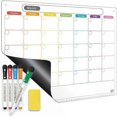Magnetic Calendar Easy to Clean Strong Magnetic Hold Includes Dual-Magnet Markers & Eraser