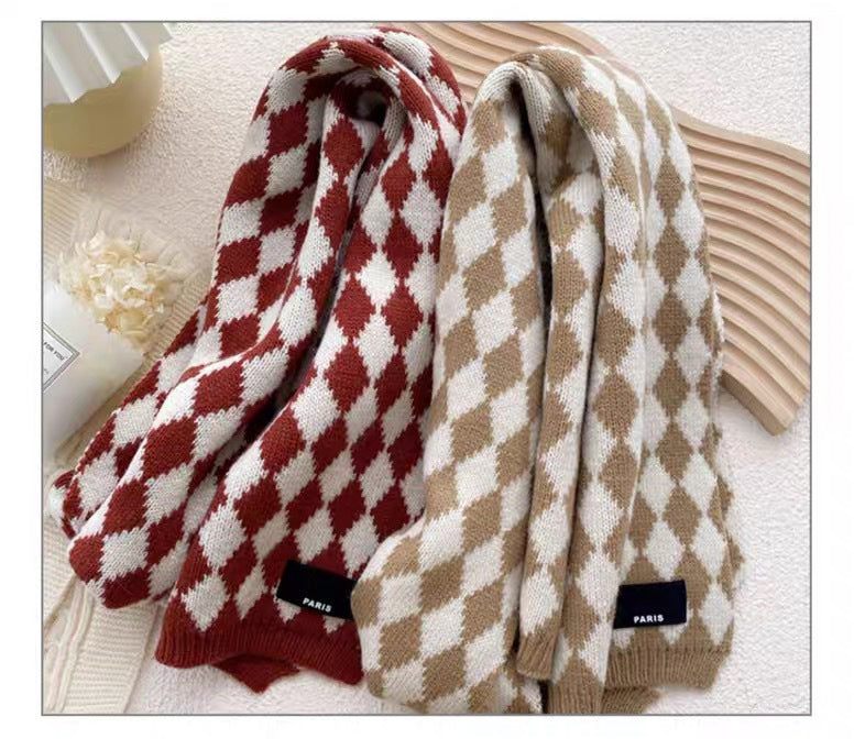 63" Polyester Checkerboard Plaid Scarf Cable Knitted Scarf Wrap Chunky Long Warm Scarf-Woven Label