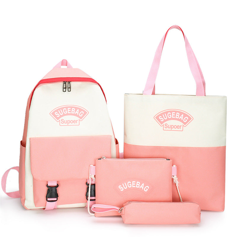 Nylon School Backpack 4-piece Suit Bookbag Four Set W/ Handbag Pencil Case Crossbody Bag Daypack