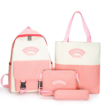 Nylon School Backpack 4-piece Suit Bookbag Four Set W/ Handbag Pencil Case Crossbody Bag Daypack
