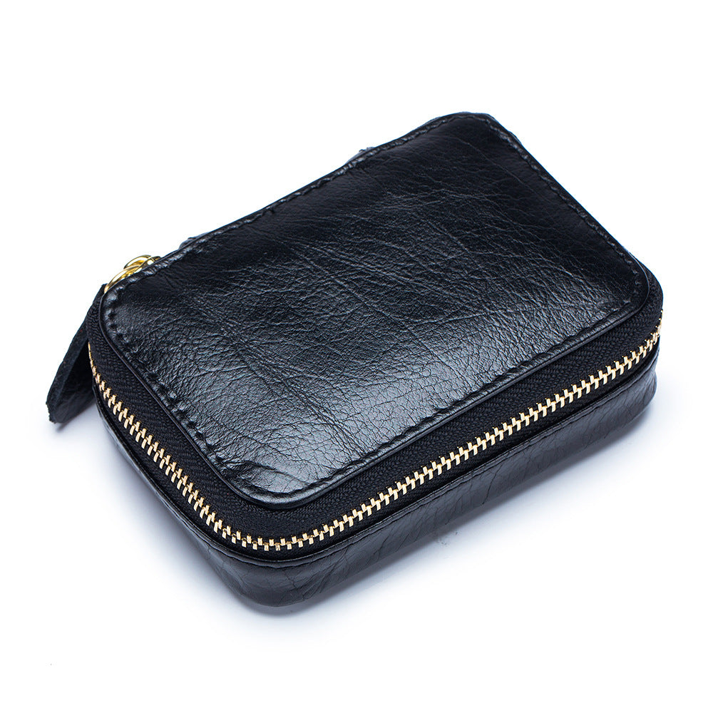 Full-grain Genuine Leather Zipper Makeup Bag Handle Bag Lipstick Storage Pouch W/Makeup Mirror