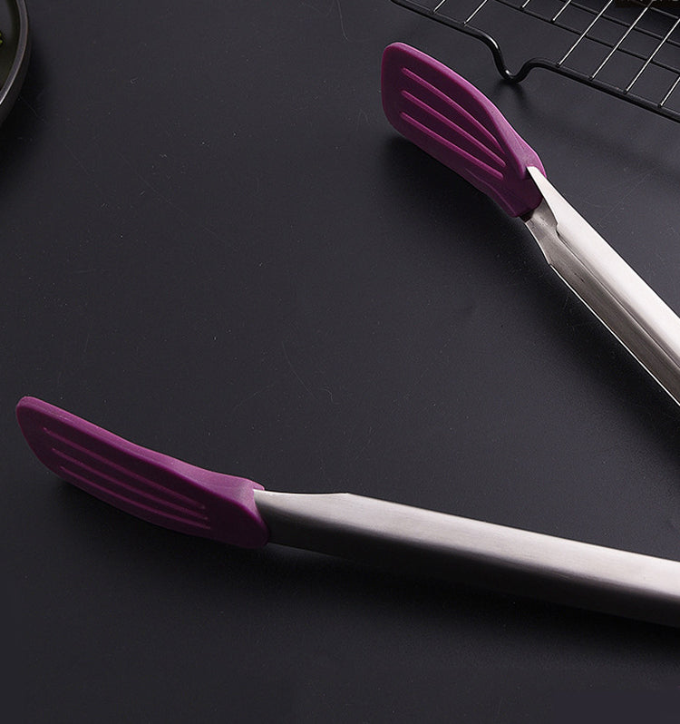 12" 304 Stainless Steel Food Tongs w/Silicone Locking Clip Barbeque Kitchen Tongs (Strip-shaped)