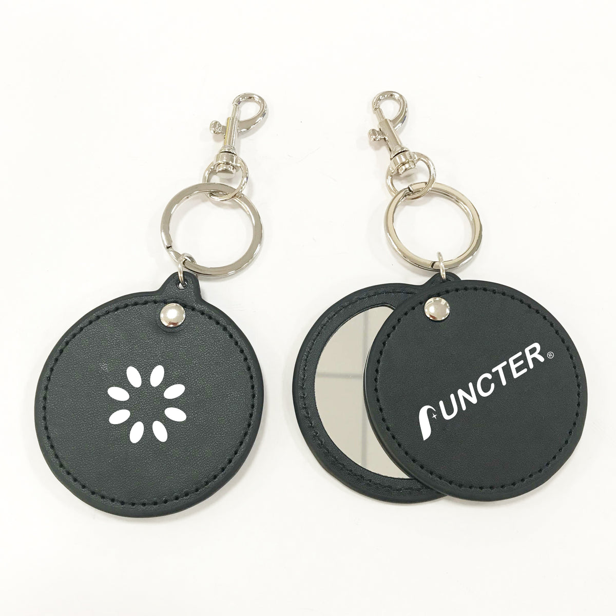 2.5" Diameter Round Shape Black Mini Keychain Compact Mirror of PU fabric