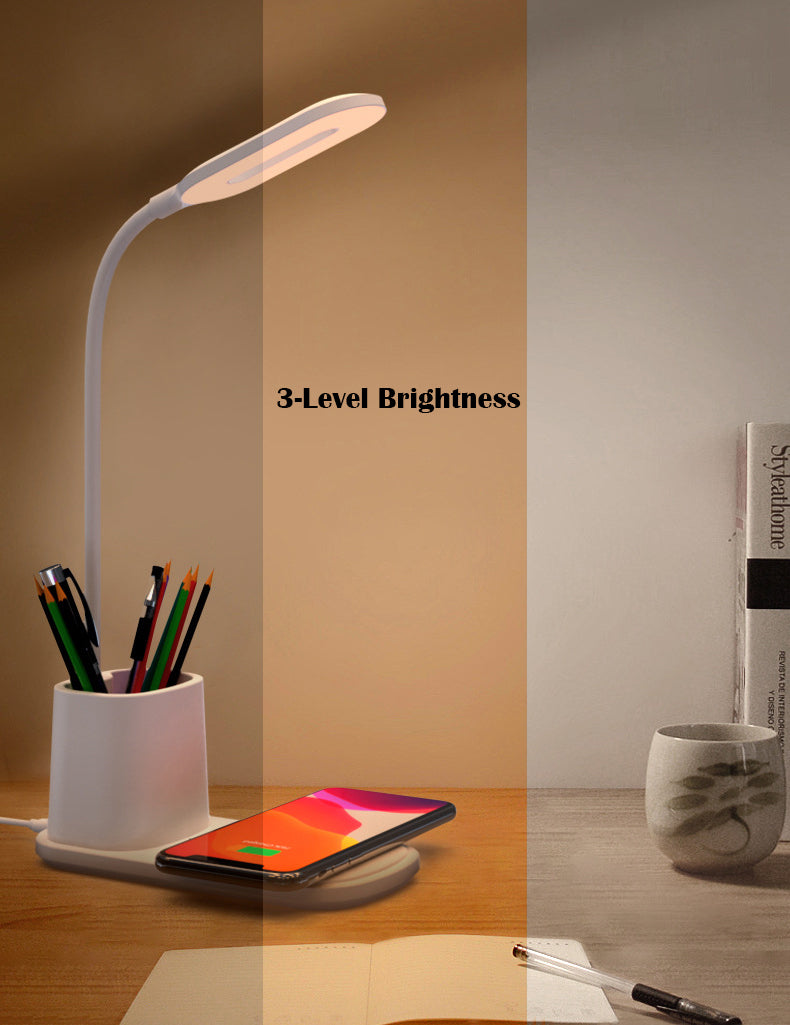 3-Level Brightness LED Desk Wireless Charger Lamp W/Pen Holder
