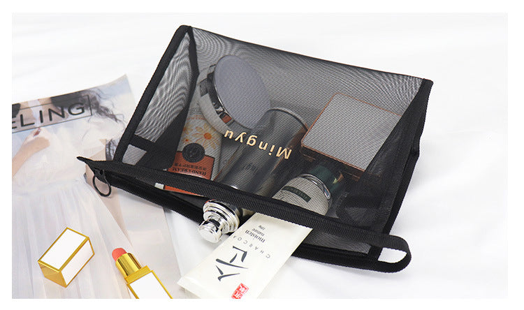 Non-waterproof Polyester Mesh Zipper Makeup Bag Handle Bag Transparent Pouch(Large)