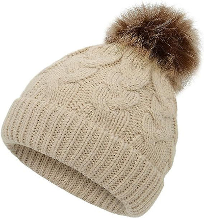 Children Cable Knit Beanie W/ Pom-pom