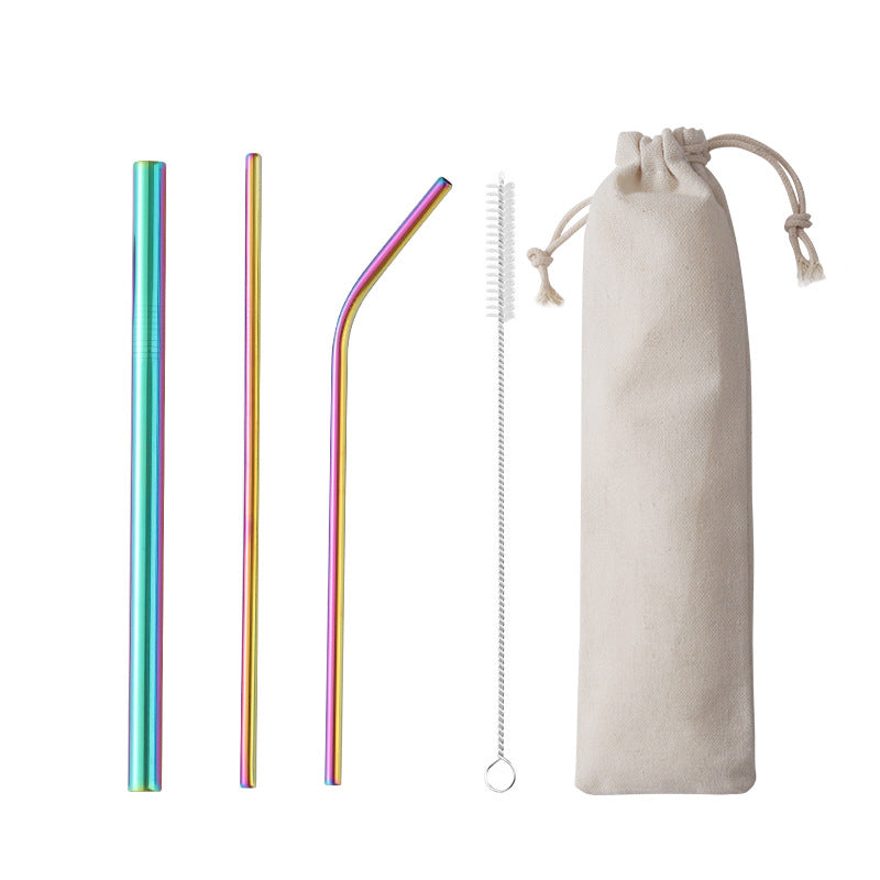 4-Piece 304 Stainless Steel Drinking Flatware Straw Set W/Drawstring Bag(Gold & Rose Gold & Rainbow)