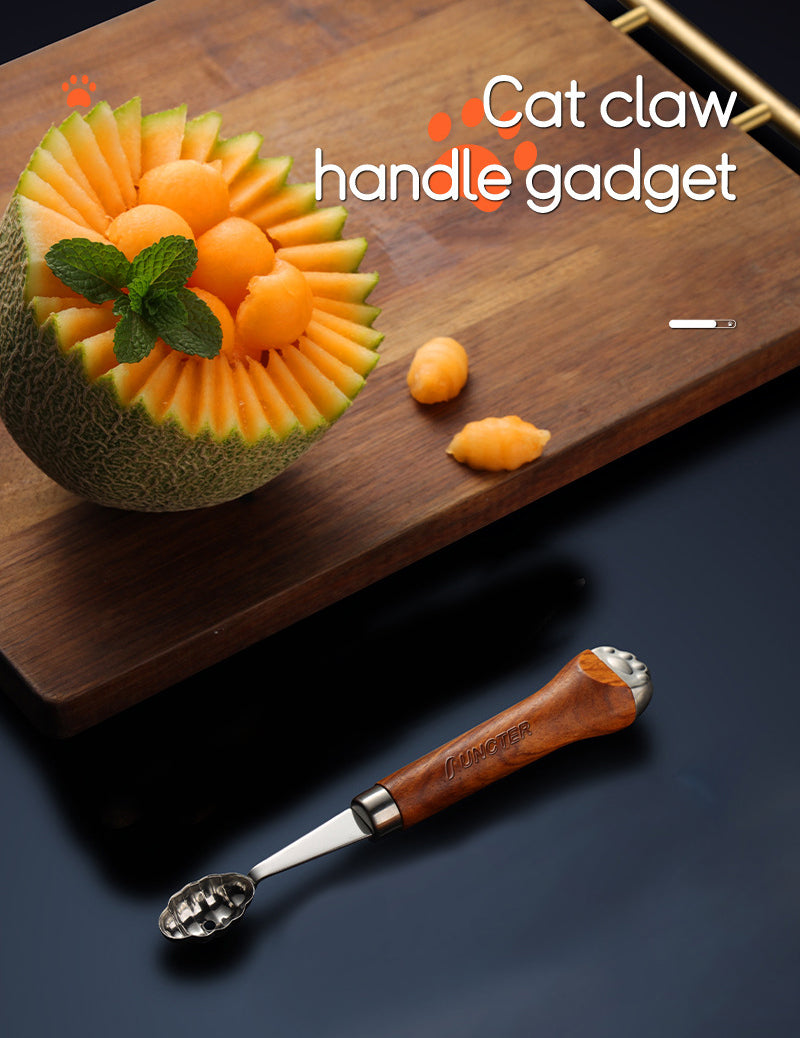 Oval Fruit Scoop Melon Scoop Ice Cream Scoop Fruit Gadget W/ Cat Claw Shaped Wood Handle