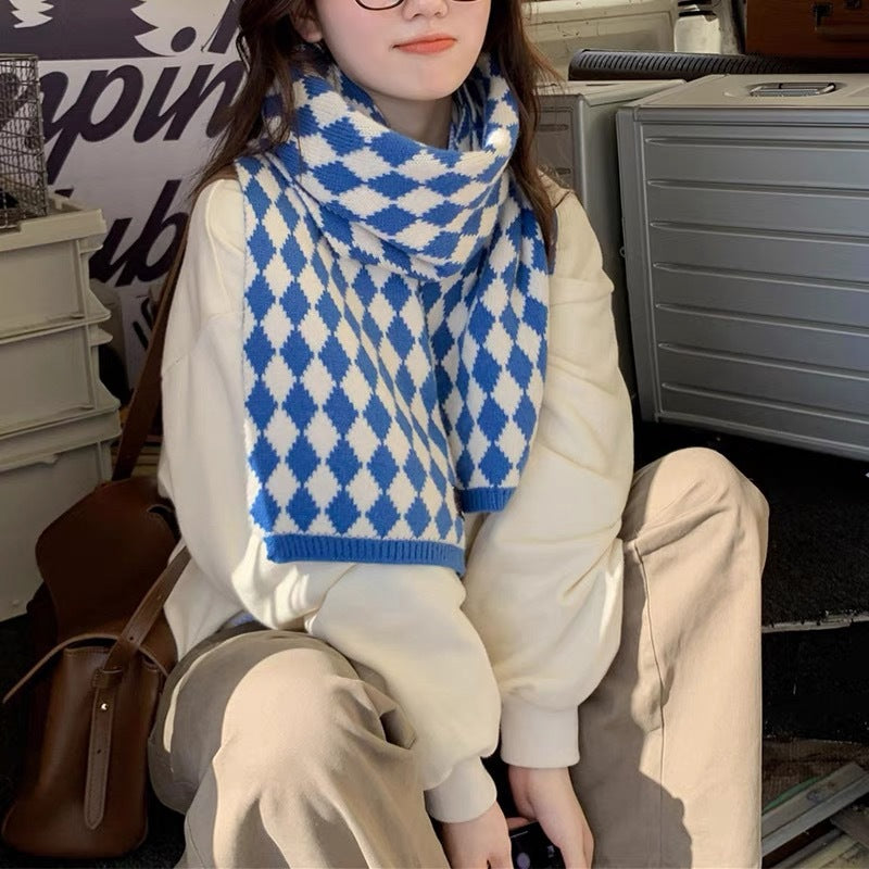 63" Polyester Checkerboard Plaid Scarf Cable Knitted Scarf Wrap Chunky Long Warm Scarf-Woven Label