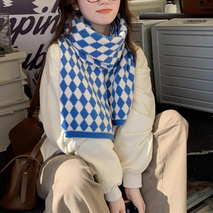 63" Polyester Checkerboard Plaid Scarf Cable Knitted Scarf Wrap Chunky Long Warm Scarf-Woven Label