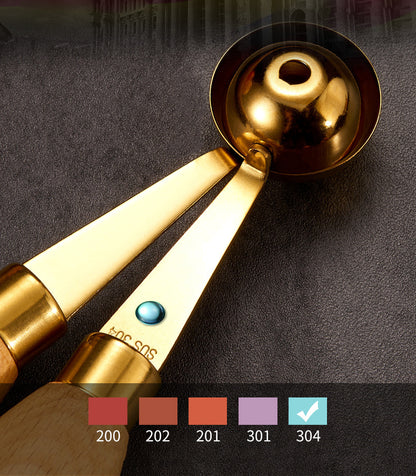 Round Gold 304 Stainless Steel Fruit Scoop Watermelon Scoop Ice Cream Scoop With Wood Handle
