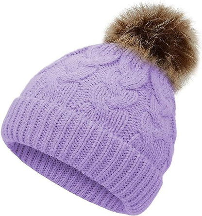 Children Cable Knit Beanie W/ Pom-pom