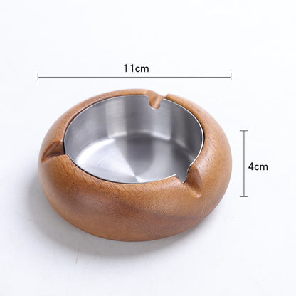 Wooden & Stainless Steel Round Ashtray - Small Size