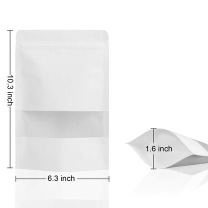 6.3 x 10.3" White Kraft Paper Bags W/Window Stand Up Ziplock Resealable Pouch Coffee Bag