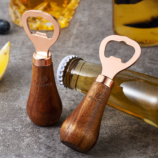 Wood Handle Stand Stainless Steel Bottle Opener for Opening Beer, Cider, Soft Drinks (Rose Gold)