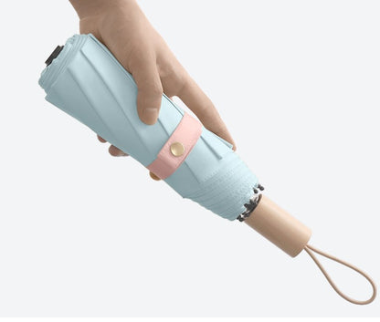 Windproof Solid Wood Handle Solid Color Three Fold Umbrella