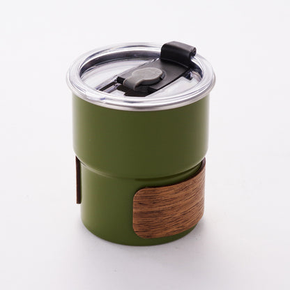 10 oz Coffee Mug Camping Mug with Flip Lid Stainless Steel Travel Tumbler Cup W/ Wood Hand Protector