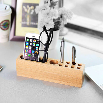 Cell Phone Stand W/Pen Storage Hole Natural Beech Wood Desktop Multi-functional Desk Organizer