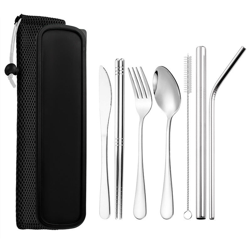304 Stainless Steel Spoon Chopsticks Straw 7 Piece Tableware Set