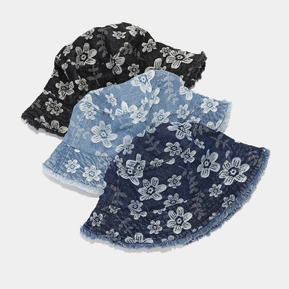 Flower Distressed Denim Jean Bucket Hat Sun Hat