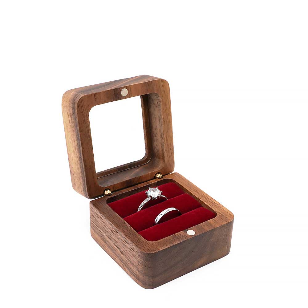 Rectangle Wooden Jewelry Ring Box W/ Window Cover