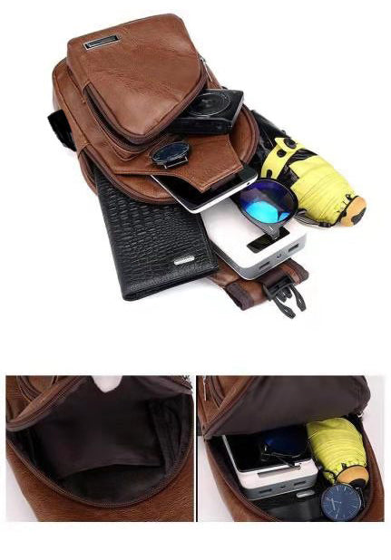 Men's PU Leather Sling Bag Chest Shoulder Backpack Crossbody Bag W/USB Charging Port