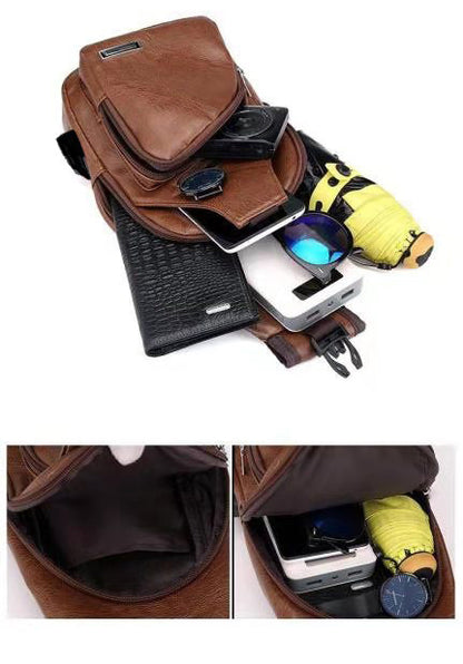 Men's PU Leather Sling Bag Chest Shoulder Backpack Crossbody Bag W/USB Charging Port