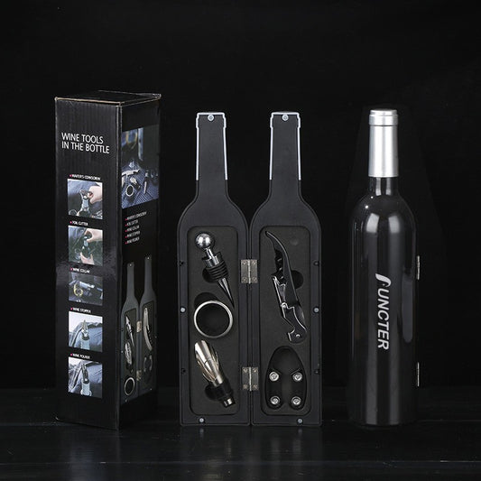 Glossy Wine Bottle Shaped Silver Neck Corkscrew Set (Colorful Box) -5 Piece