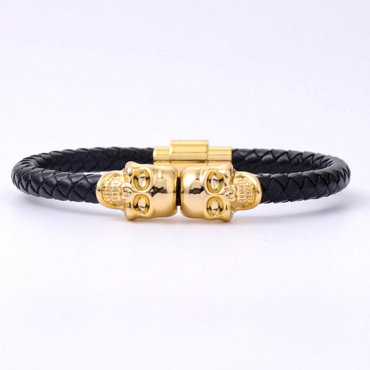 Double Skull Leather Woven Bracelet