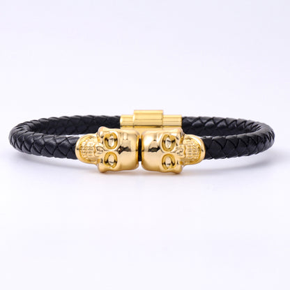 Double Skull Leather Woven Bracelet
