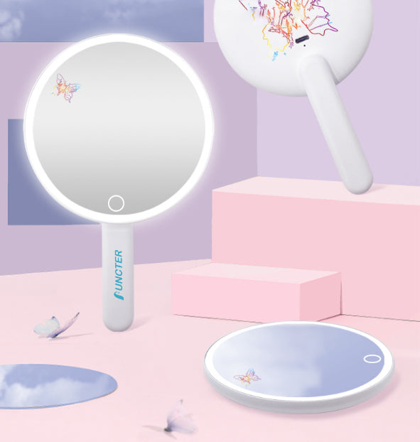 Round Handle 360 Degree Rotating Folding LED Makeup Mirror