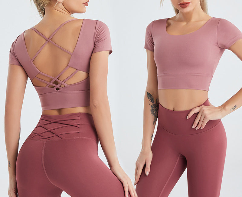 Women's Yoga Sports Bra Strappy Bralette Bra Short Sleeve Yoga Athletic Shirt(Model B)