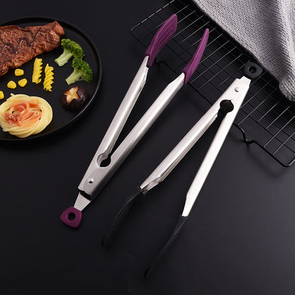 12" 304 Stainless Steel Food Tongs w/Silicone Locking Clip Barbeque Kitchen Tongs (Strip-shaped)