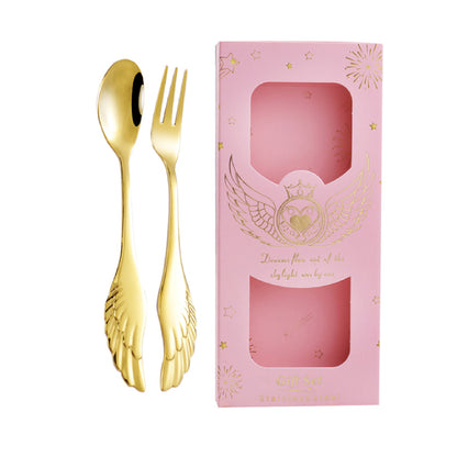 Set of 2 Golden Angel Wing Spoon Fork Flatware Set Tableware Pink Gift Box