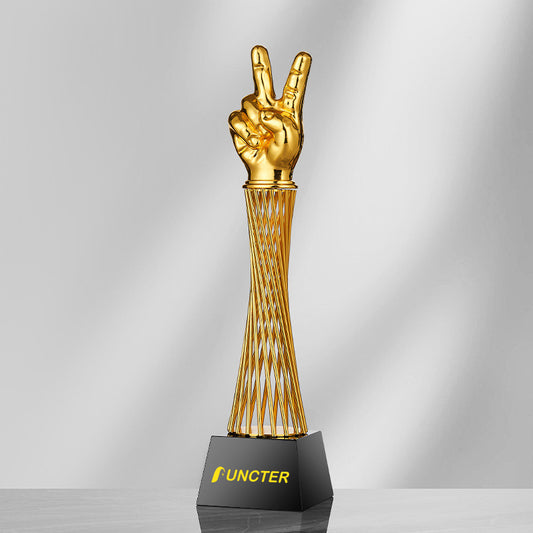 Victory Sign Shape Zinc Alloy Trophies w/A Black Crystal Base