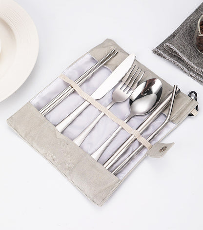 7-Piece 304 Stainless Steel Flatware Chopstick Spoon Straw Fork Knife Tableware Set W/Bag(Model A)