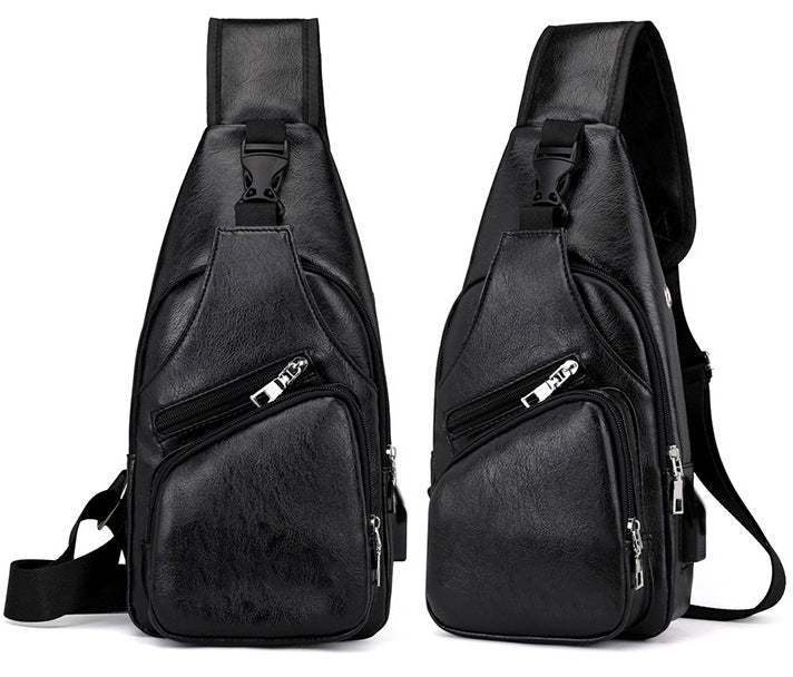 Men's PU Leather Sling Bag Chest Shoulder Backpack Crossbody Bag W/USB Charging Port