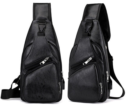 Men's PU Leather Sling Bag Chest Shoulder Backpack Crossbody Bag W/USB Charging Port
