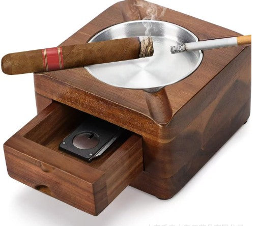 Square Wooden Cigar Ashtray W/ Storage Drawer