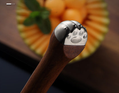 Oval Fruit Scoop Melon Scoop Ice Cream Scoop Fruit Gadget W/ Cat Claw Shaped Wood Handle